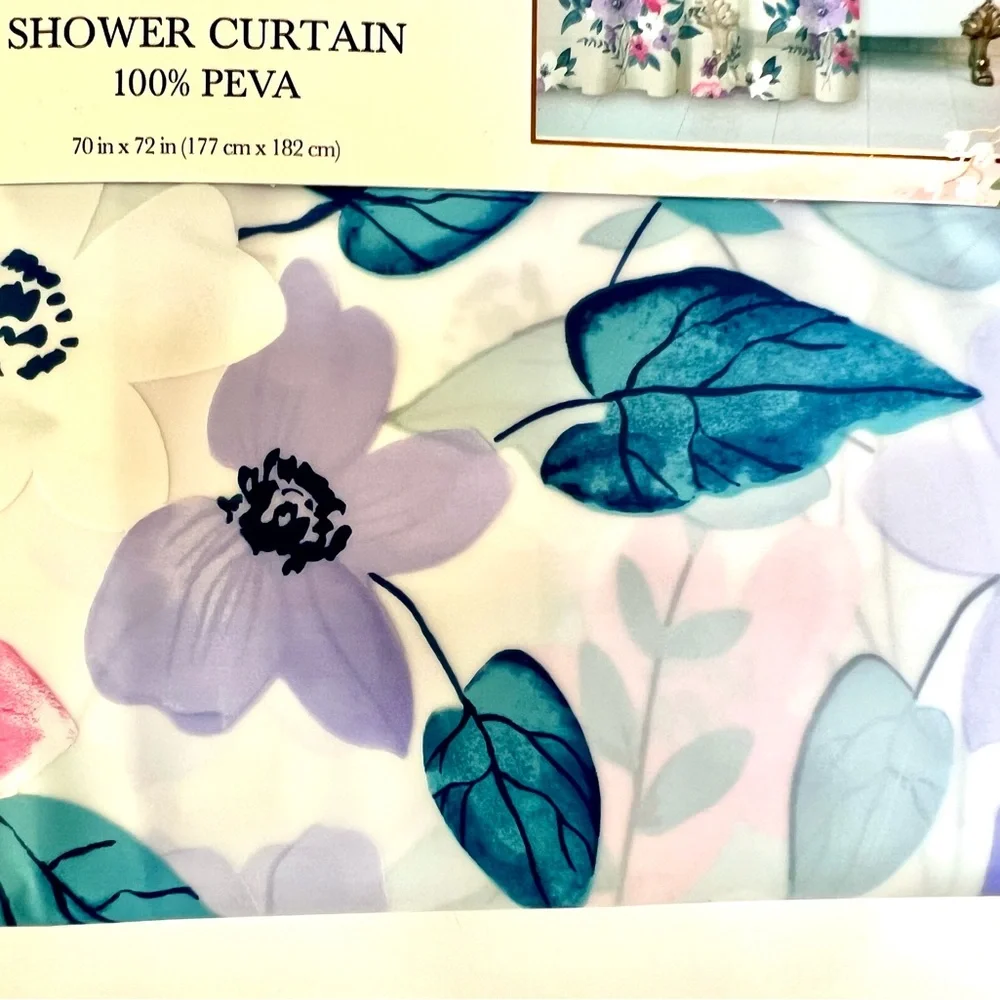 Floral Garden Peva Shower Curtain Lavender Pink White Flowers Blue Leaves